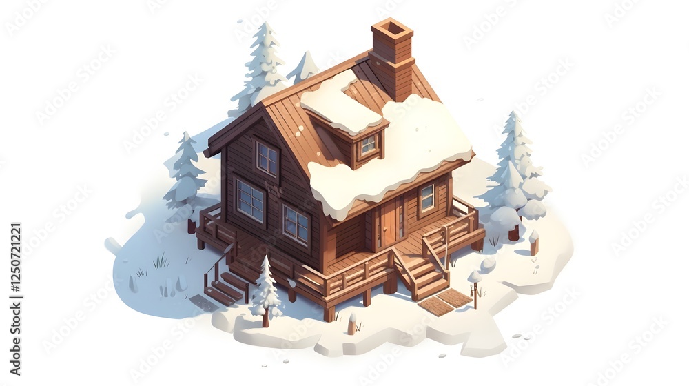 Poster cozy and inviting wooden cabin with an isometric architectural style floating in a clean minimalist 