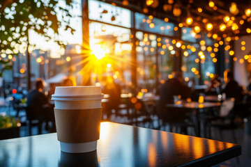 Afternoon Coffee in a Chic Cafe – Takeaway coffee cup on a sleek table in a modern cafe with people relaxing and sunlight streaming through windows for an inviting atmosphere