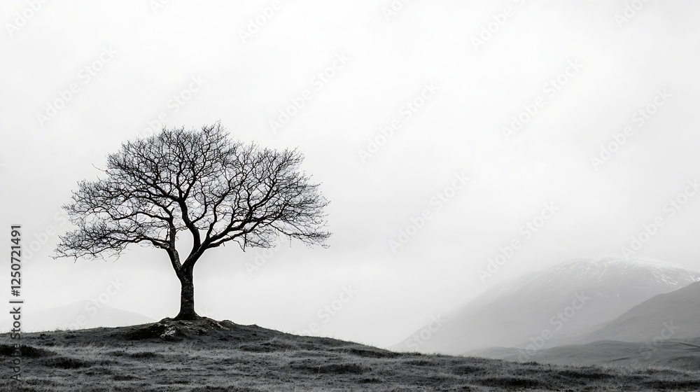 Aufkleber Lonely barren tree standing on a hilltop under a gray cloudy sky creating a dramatic atmosphere : Generative AI
