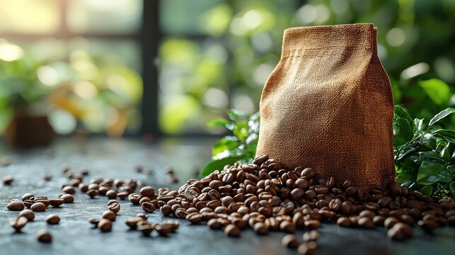 Brown burlap bag spilling coffee beans on a rustic table with greenery in background