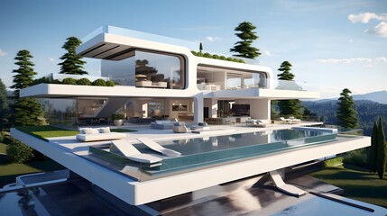 Fototapeta premium Sleek and contemporary modern mansion floating effortlessly above a clean white surface offering a unique and captivating perspective that inspires the imagination