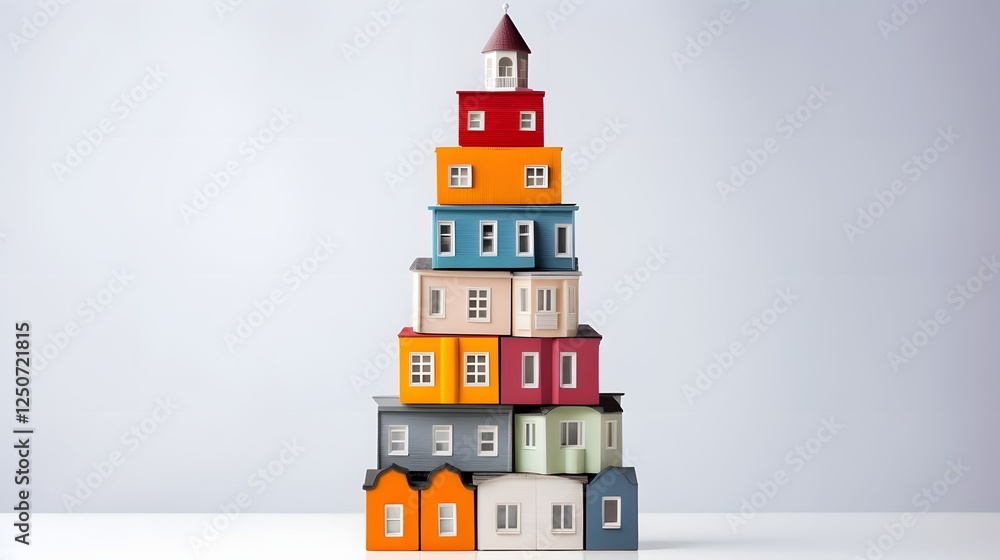 Poster a stack of houses arranged like a jenga tower on a clean white backdrop symbolizing the dynamics and