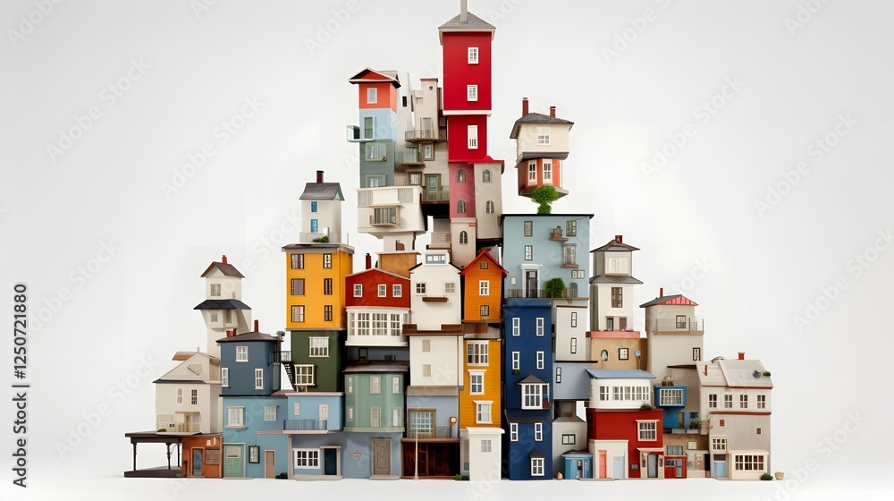 Poster a stack of houses arranged like a jenga tower symbolizing the complexities and uncertainties of the 