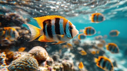 Fototapeta premium Colorful underwater scene featuring a vibrant fish swimming among coral reefs