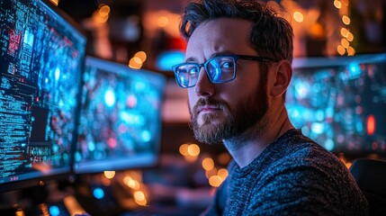 Researcher in Laboratory Setting Focused on Coding and Technology