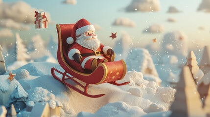 Santa flying on sleigh. Christmas paper cut greeting card. Vector 3d papercut layer effect card with cartoon flying father noel riding sled in sky with clouds, snowflakes and empty place for wishes