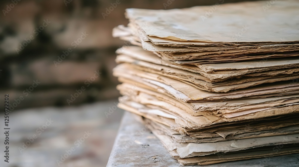 Poster Closeup of stacked ancient papers with frayed edges showing signs of age on a wooden background : Generative AI