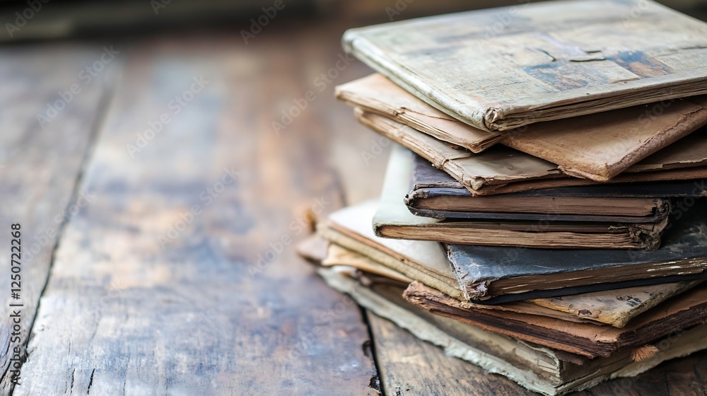 Aufkleber Stack of vintage books on a wooden surface capturing the essence of history and knowledge in a rustic setting : Generative AI