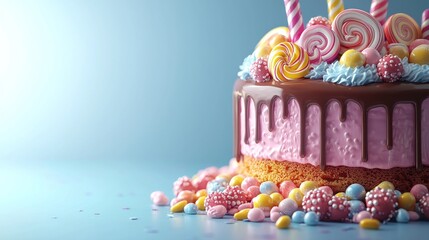 Colorful birthday cake with candies and decorations on a light blue background