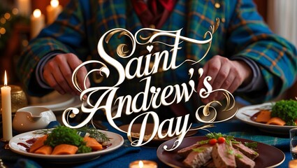 Celebrating Saint Andrews Day with traditional foods, vibrant decorations, and a warm gathering of family and friends in a cozy setting