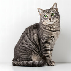 Obraz premium Gray Tabby Cat Sitting on White Background Looking Curious