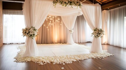 Beautifully Decorated Wedding Venue with Elegant White Drapes and Floral Arrangements : Generative AI