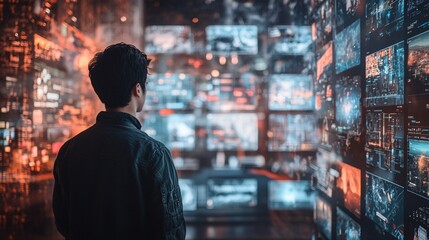 Fototapeta premium Person Observing Chaotic News Feed on Multiple Split Screens