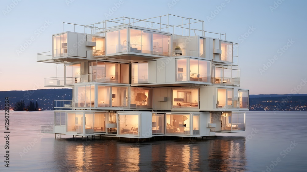 Poster futuristic floating cube shaped apartment complex suspended in a white void a visionary architectura