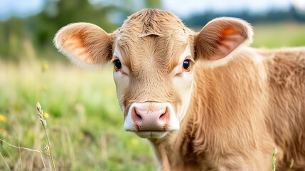 CloseUp Image of a Curious Calf in a Green Pasture with Soft Focus Background : Generative AI