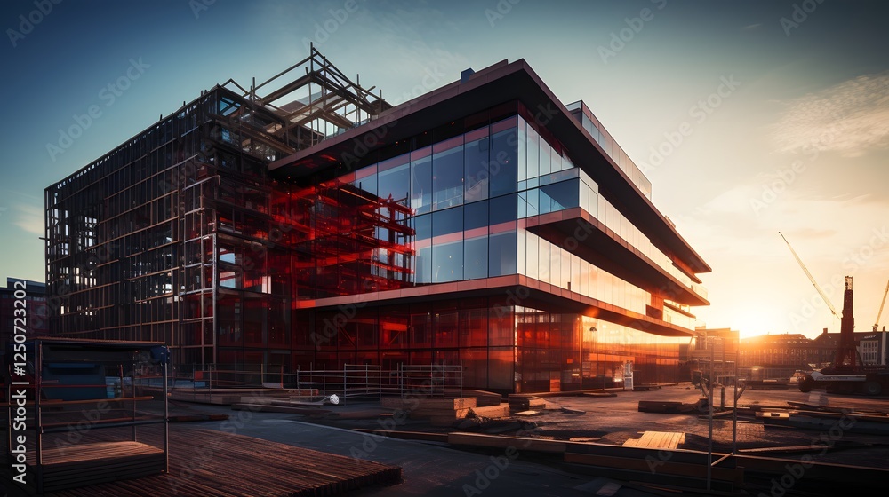 Poster commercial building under construction showcasing inner framework partially transparent structure re