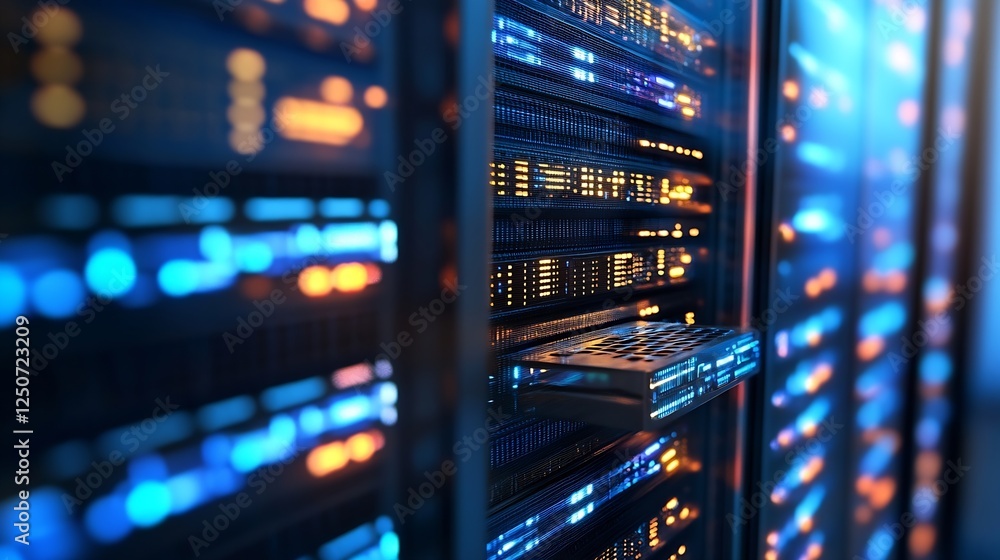 Fototapete futuristic server room filled with blinking blue lights and data storage stacks : generative ai
