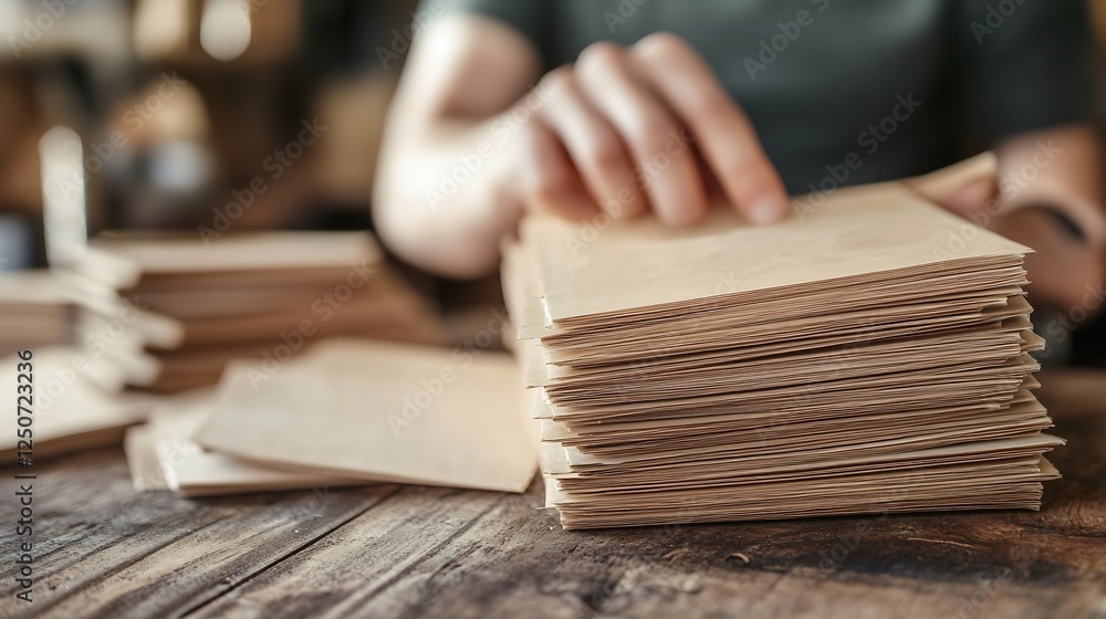 Poster Focused hands sorting through sheets of paper in a wellorganized workspace showcasing productivity : Generative AI