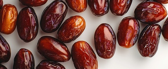 Fresh dates with rich brown color and glossy finish against the white background.