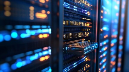 Futuristic server room filled with blinking blue lights and data storage stacks : Generative AI