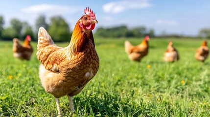 Fototapeta premium Closeup shot of a proud hen standing in a lush green field with other chickens in the background : Generative AI