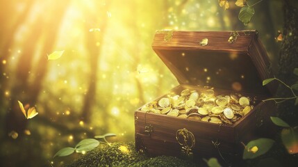 Enchanted Forest Treasure Chest Filled with Sparkling Golden Coins
