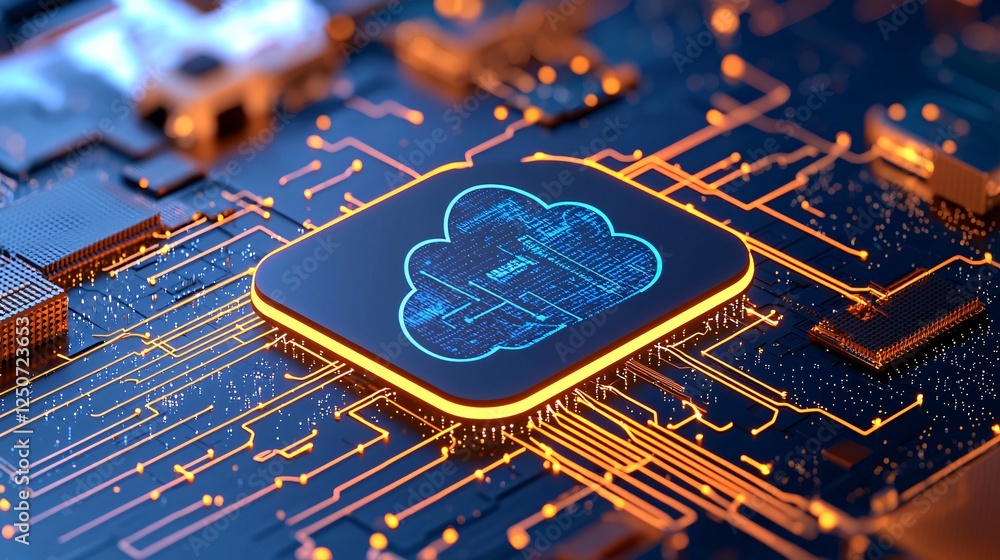 Poster internet of things and industrial automation concept. digital cloud icon on circuit board background