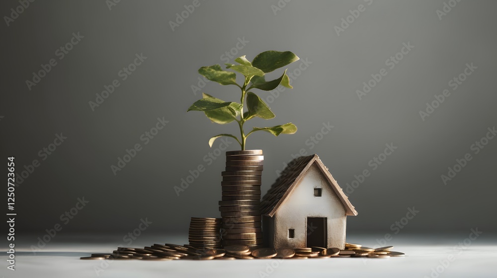 Poster prosperous property investment with a house sitting atop a towering stack of gleaming golden coins r