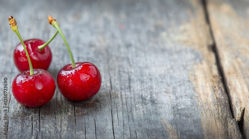 Aufkleber A trio of glossy red cherries sitting on a rustic wooden table with a soft focus background emphasizing freshness : Generative AI