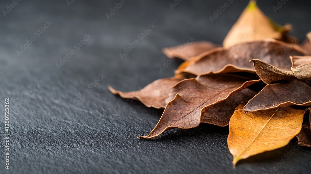 Poster Close up view of dried leaves on a dark surface capturing the essence of fall and nature : Generative AI