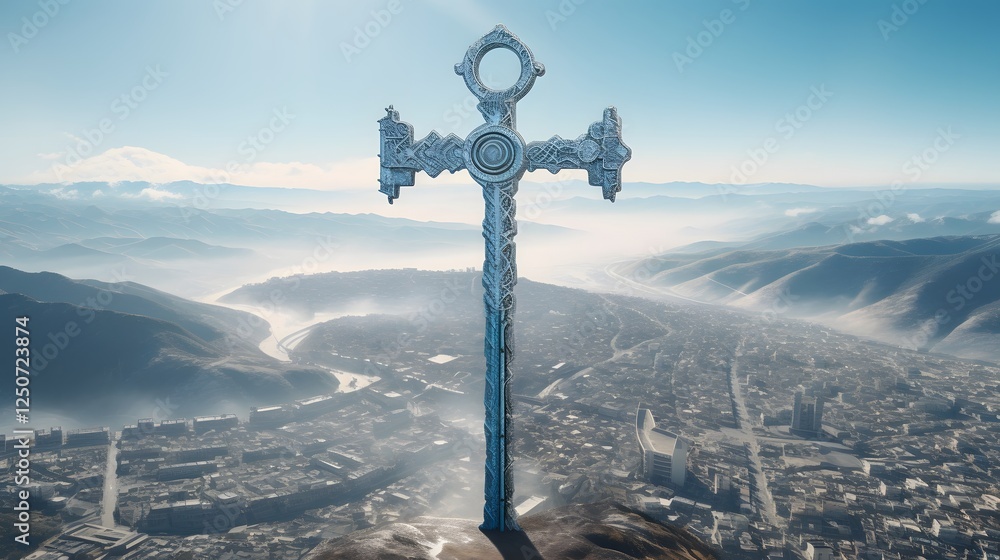 Poster floating key hovering above a futuristic city skyline representing the concept of home ownership and
