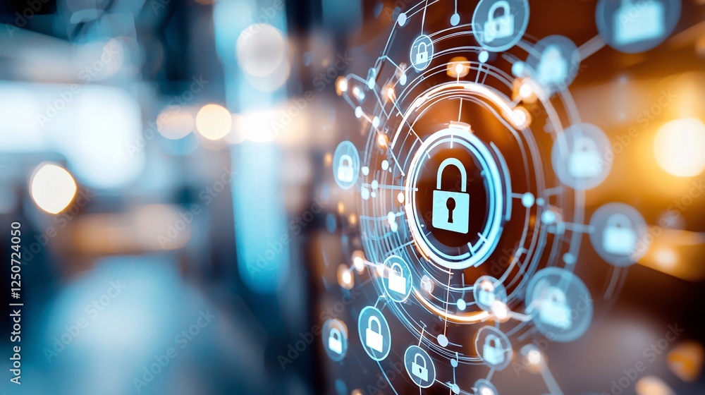 Poster internet of things and industrial automation concept. digital security concept with lock symbol illu
