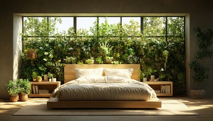 Fototapeta premium Wooden platform bed in minimalist bedroom, lush green wall backdrop. Perfect for showcasing calm, nature-inspired interior design; ideal for websites, blogs & magazines.