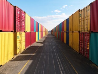 Smart Global Logistics Concept. A row of brightly colored shipping containers creates a vibrant perspective leading down an industrial pathway under a clear sky.