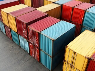 Fototapeta premium Smart Global Logistics Concept. Colorful shipping containers stacked in an organized manner, showcasing a variety of hues and textures, ideal for industrial or logistics-themed visuals.