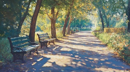 Wooden bench under a large tree, facing a calm meadow, with rays of sunlight piercing through the morning mist.