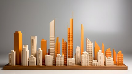 A 3D bar chart with rising house models on each bar depicting a visual representation of the real estate market analysis including trends data and financial insights