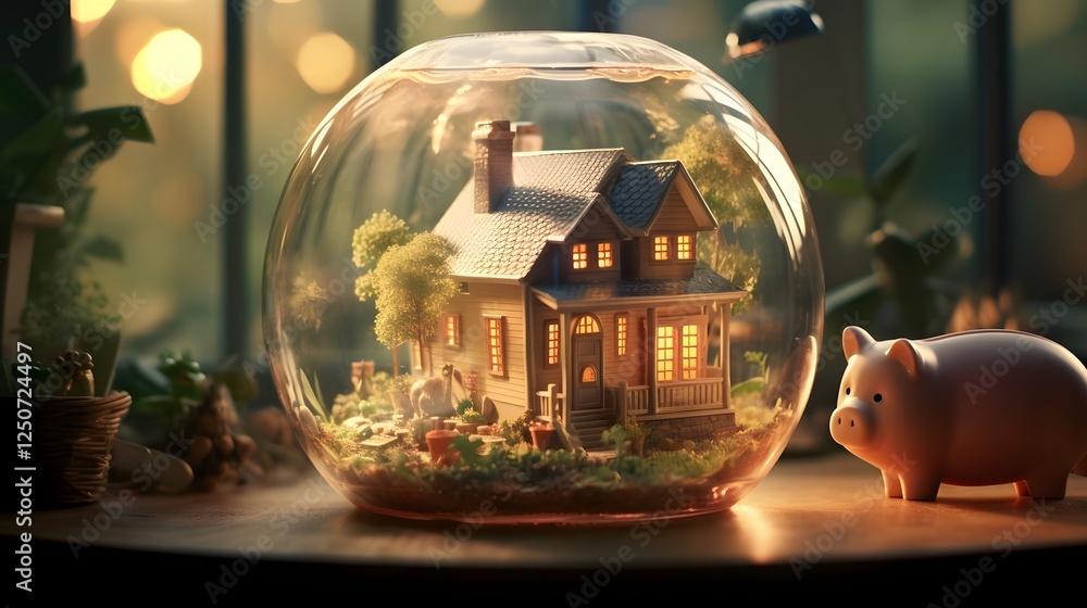 Poster transparent piggy bank with a tiny house inside a symbolic representation of saving and investing to