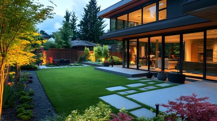 Obraz premium Modern House Backyard Oasis: Evening Serenity