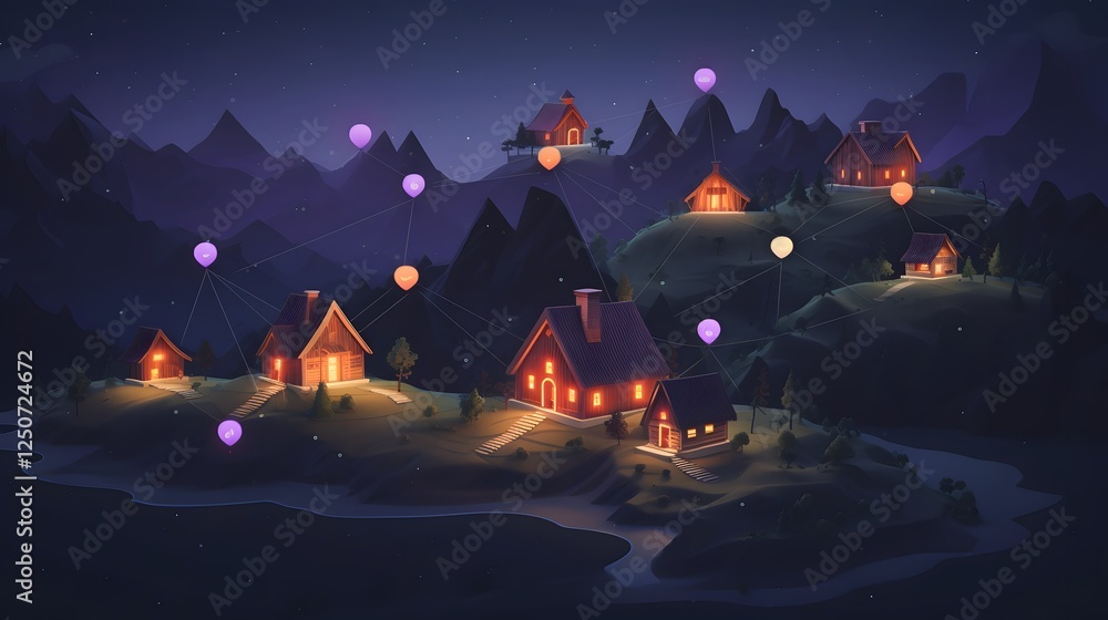 Poster minimalist and clean digital map design with multiple glowing house icons representing real estate h