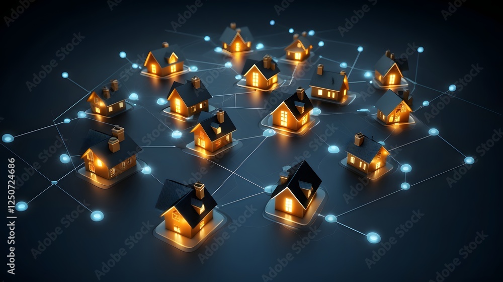Poster minimalist and clean digital map featuring multiple glowing house icons representing the real estate