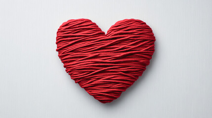  Corazón hecho con hilo rojo sobre fondo blanco minimalista

