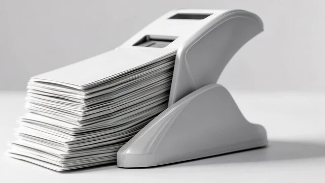 Stacker aligns numerous blank cards in a tidy organization on a clean workspace during work hours