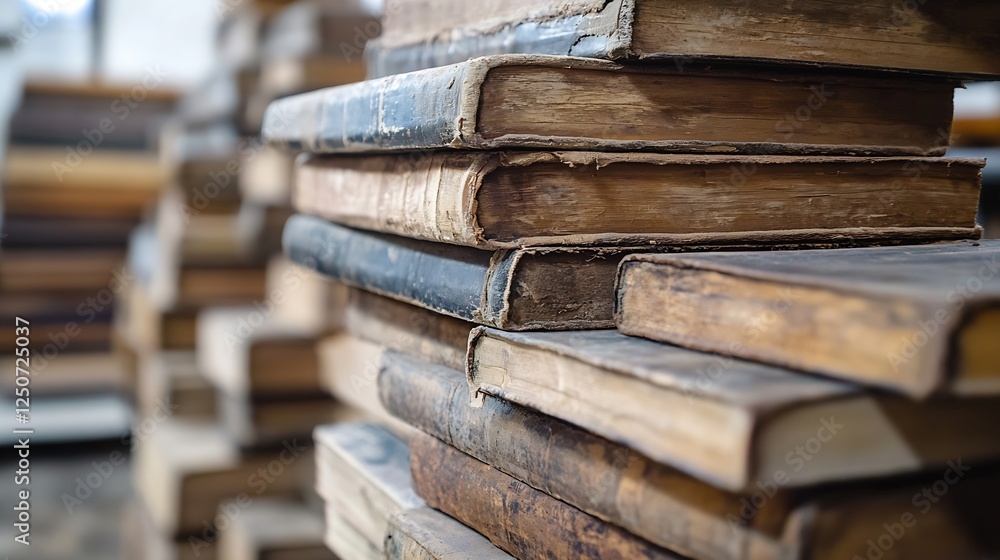 Poster stack of antique leather bound books in a cozy library setting : generative ai
