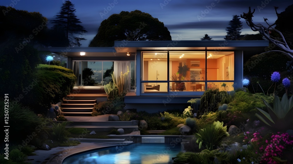 Poster a small suburban home emerging from a digital screen seamlessly blending the real and virtual worlds