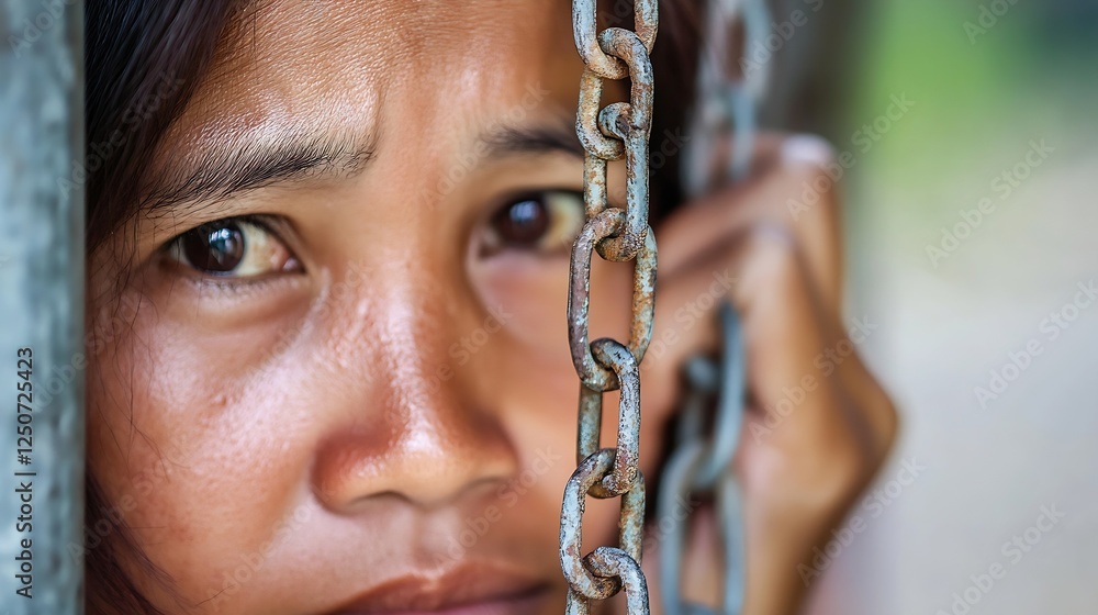 Poster emotional close up of a young girl looking through a rusted chain highlighting vulnerability and har