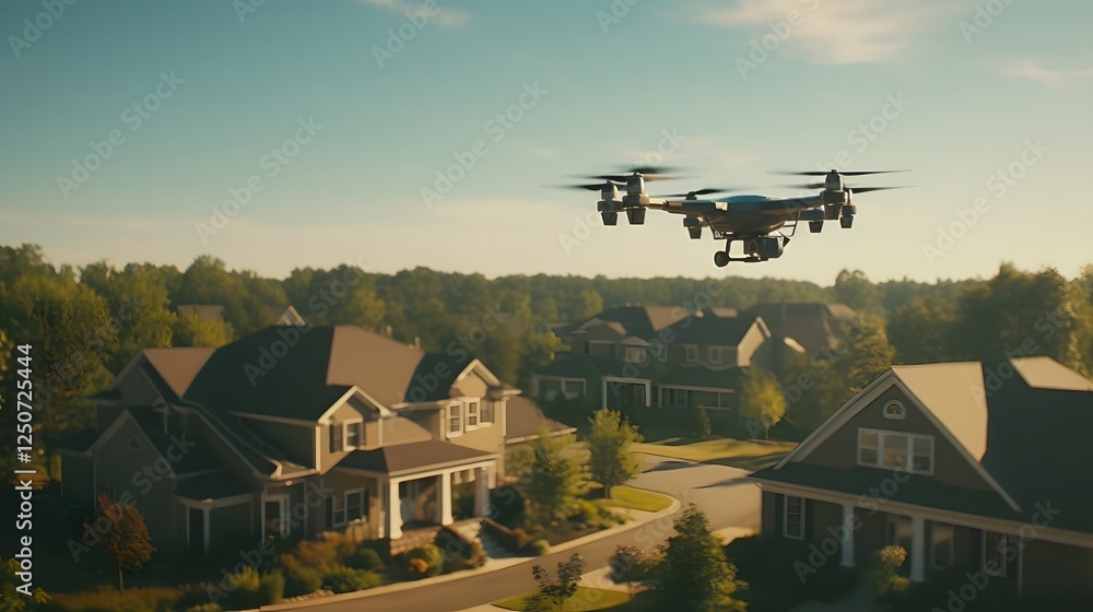 Poster aerial drone hovering over a suburban neighborhood capturing data and images for real estate analysi