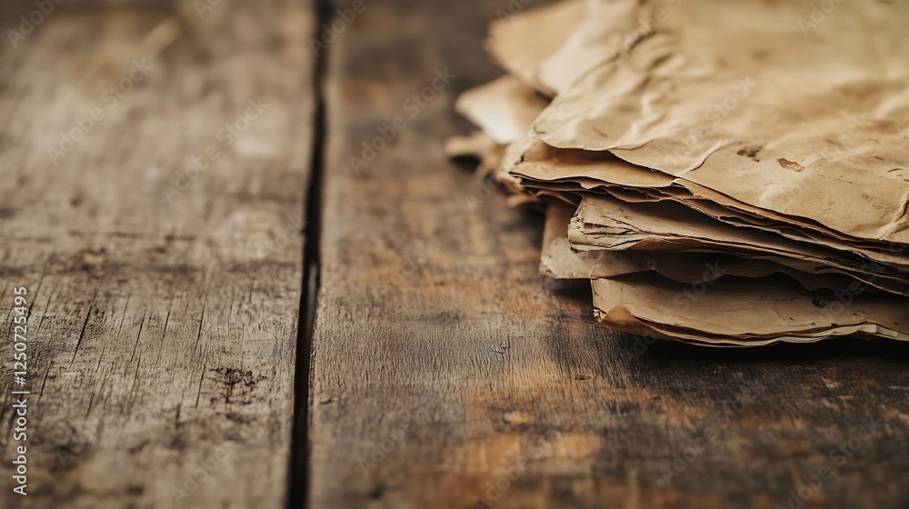 Poster pile of aged parchment papers stacked on a rustic wooden surface : generative ai