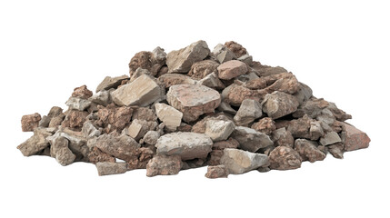 Large pile of broken bricks of different texture and color, construction debris on a transparent background
