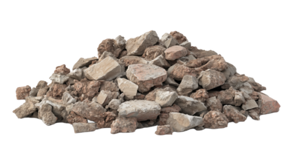 Large pile of broken bricks of different texture and color, construction debris on a transparent background